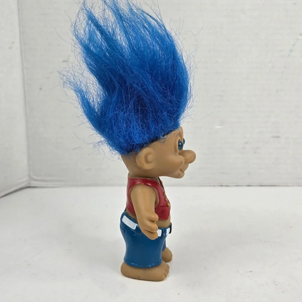 Vtg 90s Russ Berrie Troll Doll Hippie Stripper Blue Hair Red Vest Blue Shorts 4